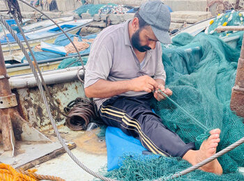 דייג פלסטיני ברצועת עזה. דגים נמנים עם מסוגי הסחורות הבודדים המותרים לשינוע אל מחוץ לרצועה. ביולי היוו הדגים 6% מכלל מטעני הסחורות היוצאות. צילום: משרד האו״ם לתיאום עניינים הומניטריים.