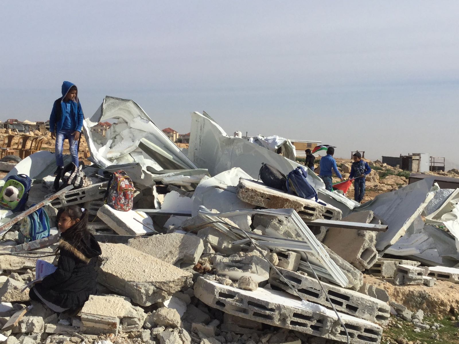 A school provided as a humanitarian assistance demolished on grounds of lack of permit in the Bedouin community of Abu Nuwar in Jerusalem. 4 Feb 2018. © Photo by OCHA