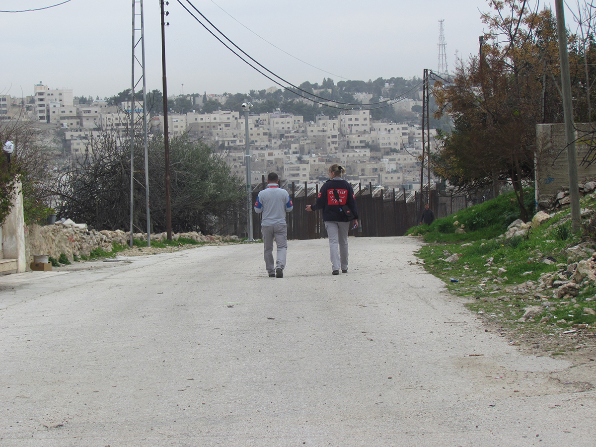 TIPH members patrolling the closed military area of Tel Rumedia, in H2 Hebron, 6 February, 2018. © Photo by OCHA.