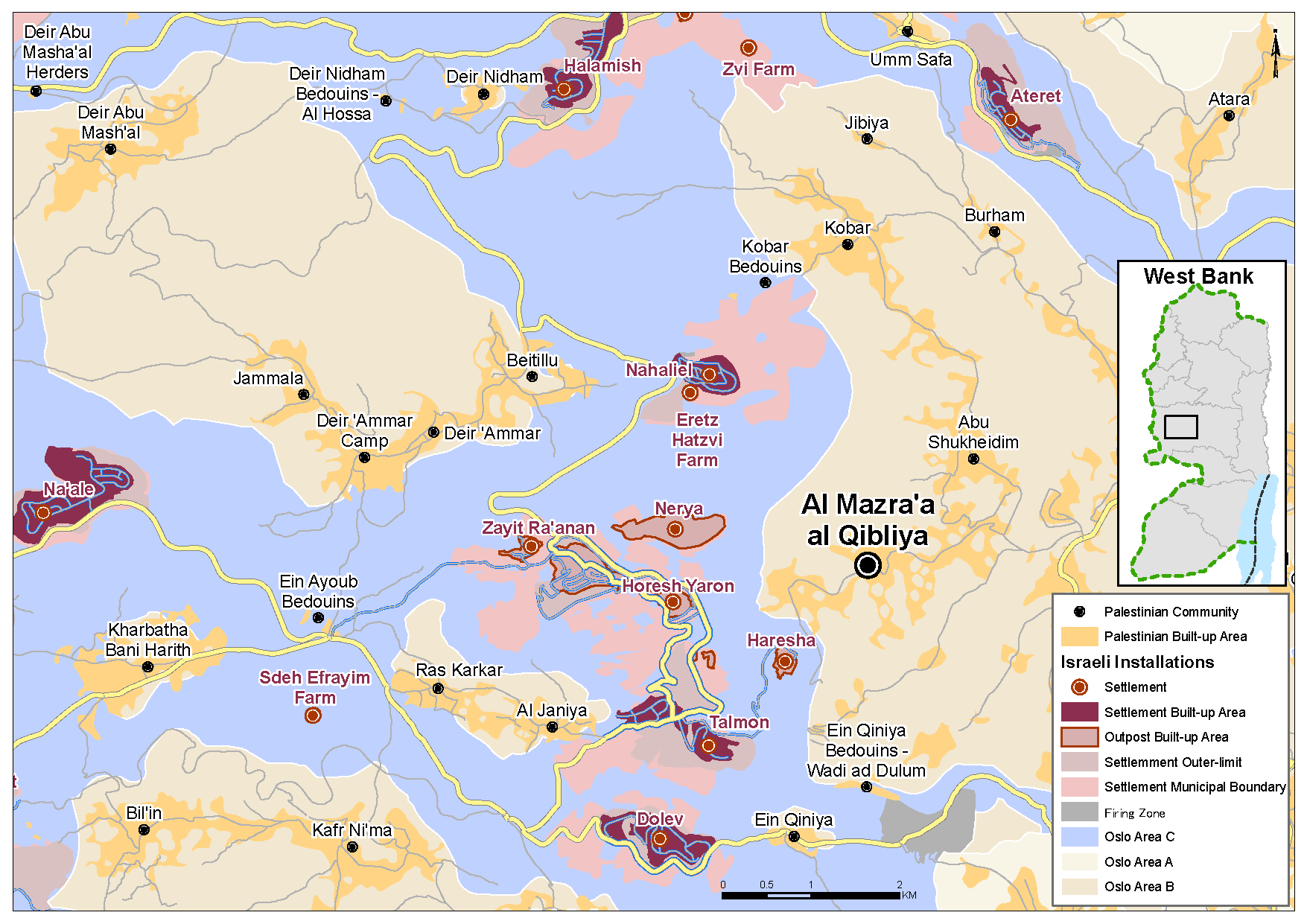 Map: Al Mazra’a Al Qibliya and nearby Israeli settlements