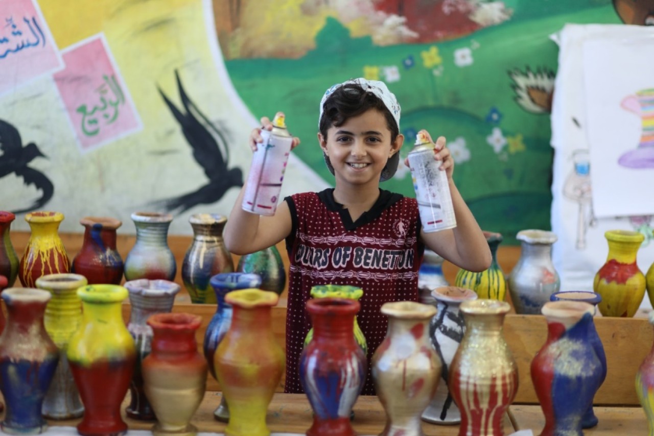 Adam Abu Jalhoum, 10 Years old, participating in an art session as part of the Keeping Kids Active project. © 2019 UNRWA Photo by Ibraheem Abu Oshaiba.