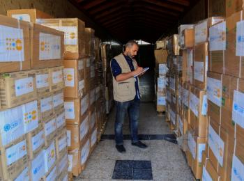 UNFPA staff preparing the distribution of essential medical supplies, Gaza City (14 July 2019).  ©  Photo by UNFPA, Yousef Nateel