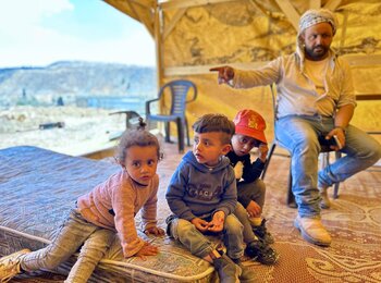 Residents of Maghayyir ad Deir following their displacement due to attacks and intimidation by Israeli settlers and the establishment of a settlement outpost near their homes. Photo taken on 28 May 2025. Photo by OCHA. 