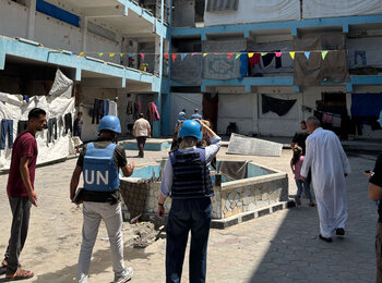 Deputy Humanitarian Coordinator visits a school-turned-shelter in Bureij hosting 18 displaced families near the “Yellow Line.” Photo: OCHA