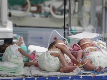 Premature babies at Shifa hospital in Gaza. On 11 November, two babies died when their life support stopped working and 37 babies in incubators are said to be at imminent risk of death. Screenshot from a video by UNICEF, 16 October 2023
