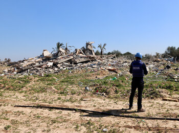 A joint UN assessment of the destruction of a guesthouse that hosted a non-governmental organization in Khan Younis. The facilities of multiple humanitarian organizations have come under attack, although their locations are systematically communicated to the warring parties. Photo by Themba Linden/OCHA, 11 February 2024