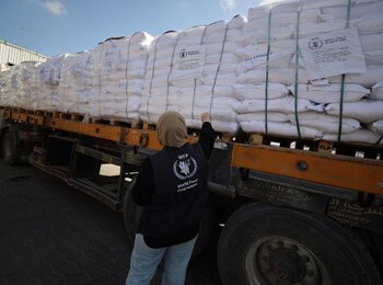 An aid worker standing in front of a truck carrying fortified wheat flour to people in Gaza. Photo by the World Food Programme