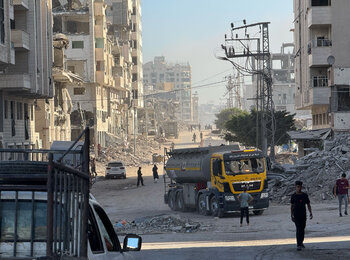 A UN team delivering fuel to Gaza city. Photo by OCHA/Olga Cherevko