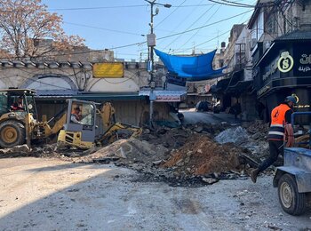 Crews of Tulkarm Municipality repairing water lines destroyed during an operation carried out by Israeli forces. Photo courtesy of Tulkarm Municipality 