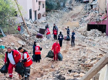 Palestine Red Crescent Society’s teams assist displaced families in retrieving their belongings from their homes in Nur Shams refugee camp in Turlkarm, following the receipt of demolition orders issued by Israeli forces. Photo by PRCS, 17 December 2025
