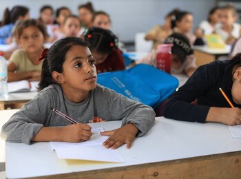 Children attend classes as learning resumes for the new academic year in Gaza. Photo by UNICEF