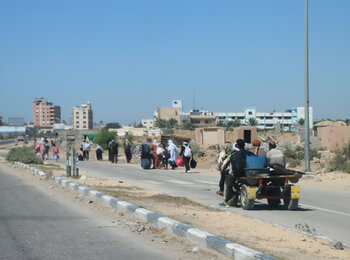 Palestinians fleeing from from Al Qarara and Wadi Al Salqa areas in Khan Younis following an Israeli evacuation order on 8 August. Photo: Themba Linden/OCHA 