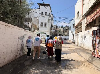 A humanitarian team of multiple organizations in Jenin Refugee Camp, in the aftermath of the two-day Israeli operation. ©Photo by YMCA, 6 July 2023.