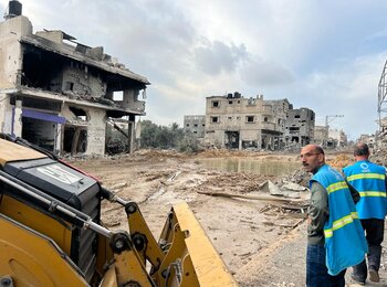 Technicians repairing a heavily damaged fibre-optic cable. On 18 December, thanks to the efforts of such teams, working under high risk, telecommunications were partially restored in Gaza. The shutdown, beginning on 14 December, has severely affected humanitarian and emergency operations, hindering access to vital information. Photo by Paltel, 18 December 2023