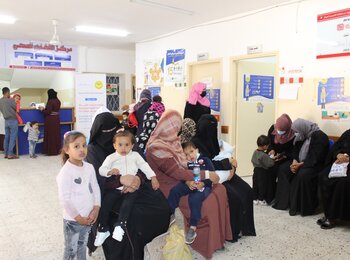People waiting to be seen at Al Fukhary clinic, Gaza.