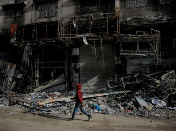 "I no longer recognize my neighbourhood!" 15-year-old Hamza, Gaza city. Photo by UNICEF/Omar Al-Qattaa, 11 January 2024 