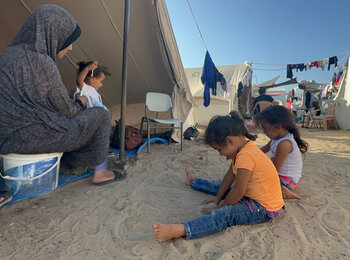 “In Gaza city, it was difficult to secure water and food,“ a displaced Palestinian told OCHA upon arrival to the southern area on 14 November. ”When available, food is very expensive.“ Photo of a displaced family in Khan Younis, southern Gaza Strip. Source: WHO, 1 November 2023