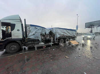On 5 February, an aid convoy waiting to move to northern Gaza was hit by gunfire, thankfully resulting in no casualties, the Deputy Humanitarian Coordinator reported. Photo by UNRWA