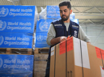 Supplies prepared for delivery in Gaza. On 4 December, Rafah was the only area where limited aid distributions took place. Amid some of the heaviest shelling so far, the Humanitarian Coordinator warned that the conditions required to deliver aid do not exist. Photo by WHO, 2 December 2023
