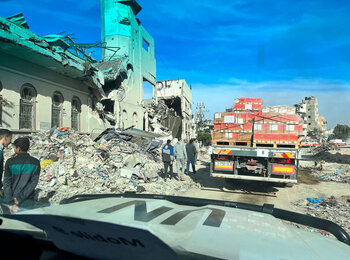 Aid delivered to Al Ahli hospital on 9 December 2023 in a high-risk mission to northern Gaza, which has otherwise been off limits to humanitarian agencies. Active shelling and artillery fire was noticed nearby. In a statement for Human Rights Day, the Humanitarian Coordinator reiterated her call for safe access for aid deliveries into and throughout Gaza. Photo by WHO 