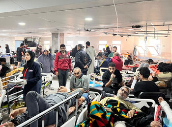 Nine out of 36 hospitals in Gaza are operational, although only partially. They are functioning at triple their bed capacity, grappling with no electricity and little fuel for backup generators, and confronting critical scarcities of essential supplies. Photo of Shifa by WHO, 16 December 2023