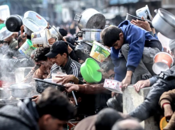 Displaced residents in Gaza wait in long lines for food aid amid severe shortages, as conflict and access restrictions push thousands to the brink of starvation. Photo: WHO