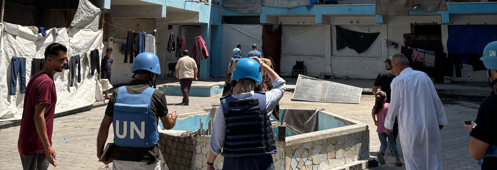 Deputy Humanitarian Coordinator visits a school-turned-shelter in Bureij hosting 18 displaced families near the “Yellow Line.” Photo: OCHA