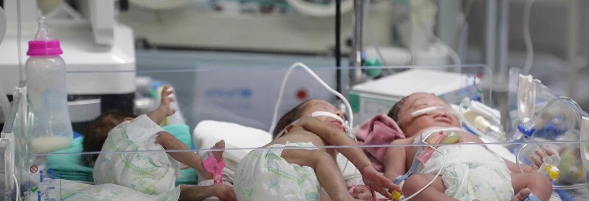 Premature babies at Shifa hospital in Gaza. On 11 November, two babies died when their life support stopped working and 37 babies in incubators are said to be at imminent risk of death. Screenshot from a video by UNICEF, 16 October 2023