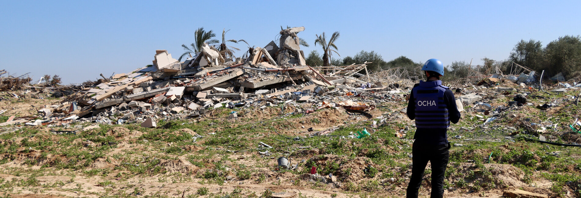 A joint UN assessment of the destruction of a guesthouse that hosted a non-governmental organization in Khan Younis. The facilities of multiple humanitarian organizations have come under attack, although their locations are systematically communicated to the warring parties. Photo by Themba Linden/OCHA, 11 February 2024