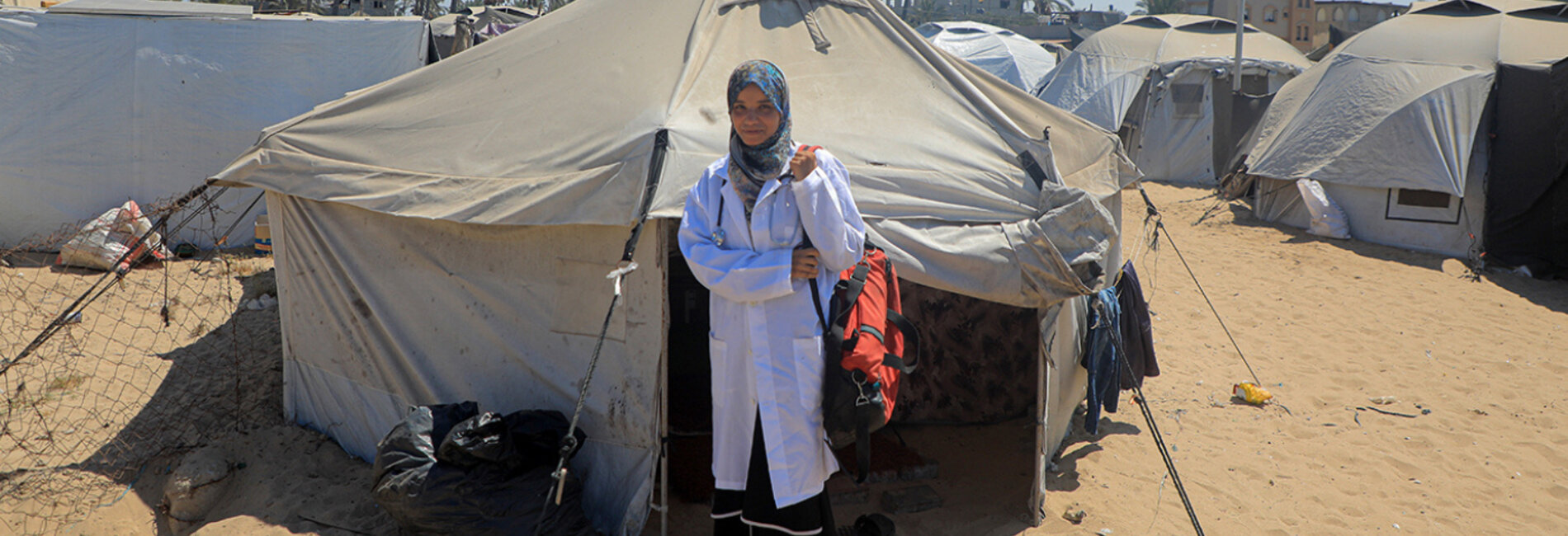 Nurse Jenin provides free services for pregnant women and for children, from a tent she set up Al Mawasi area of in Khan Younis. Photo by UNFPA Palestine / Media Clinic