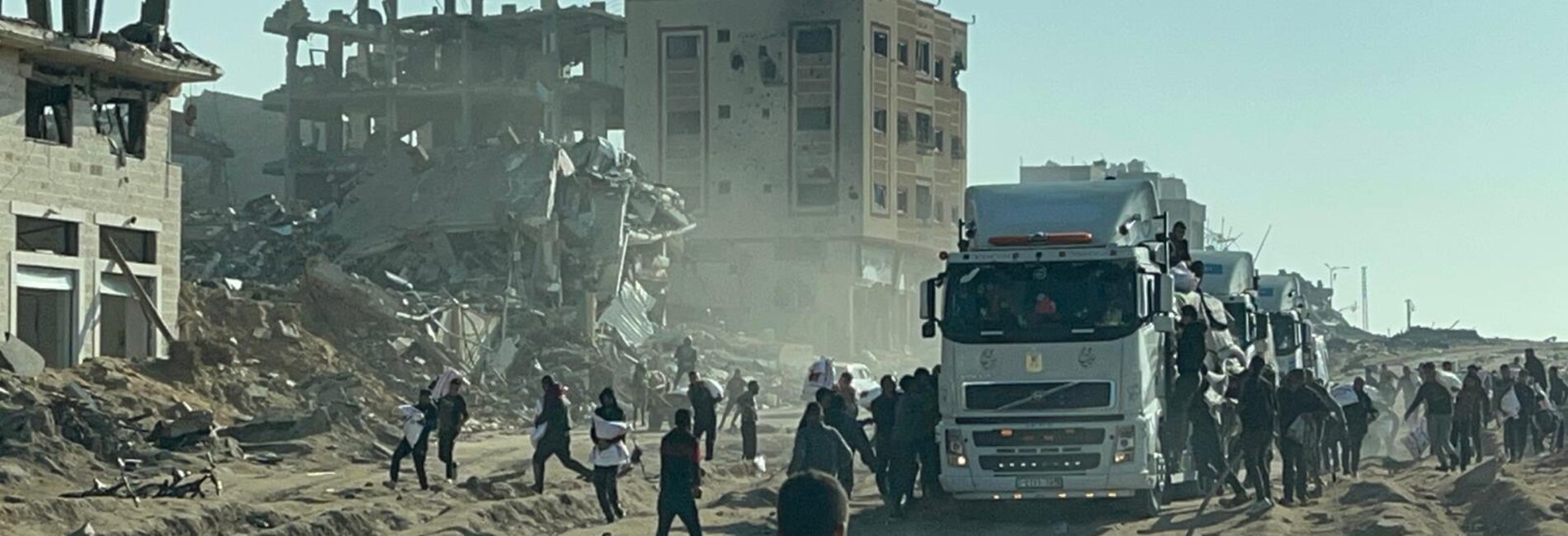 Amid a serious risk of starvation, desperation and scarcity have led to a near total breakdown in civil order. Palestinians taking supplies from the back of a truck in northern Gaza, 25 February 2024. Photo by OCHA