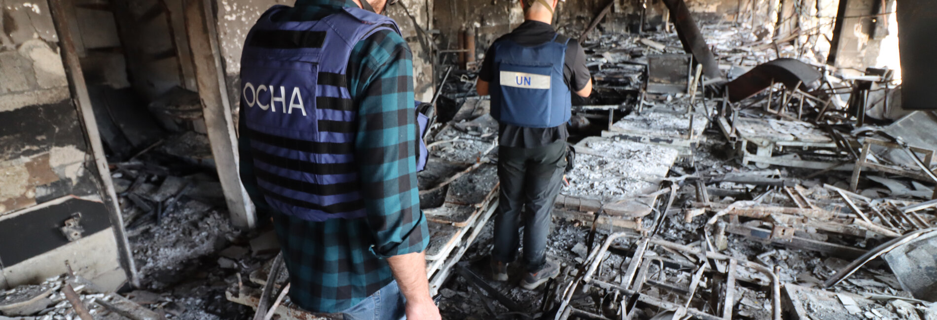 On 5 April, a UN assessment mission observed the extensive damage to Al Shifa Hospital, many parts of which are destroyed. The facility is no longer functional, and no patients are on site. Unexploded ordnance remains an immediate risk following several weeks of heavy fighting. Photo by OCHA.