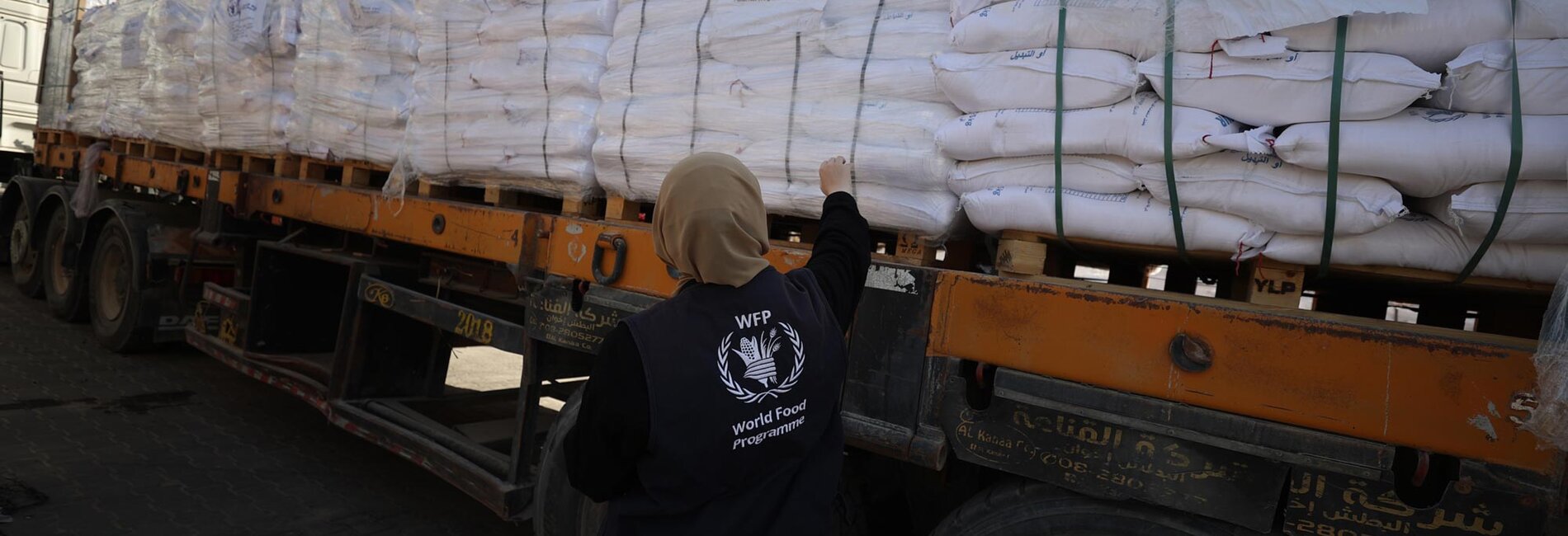 An aid worker standing in front of a truck carrying fortified wheat flour to people in Gaza. Photo by the World Food Programme