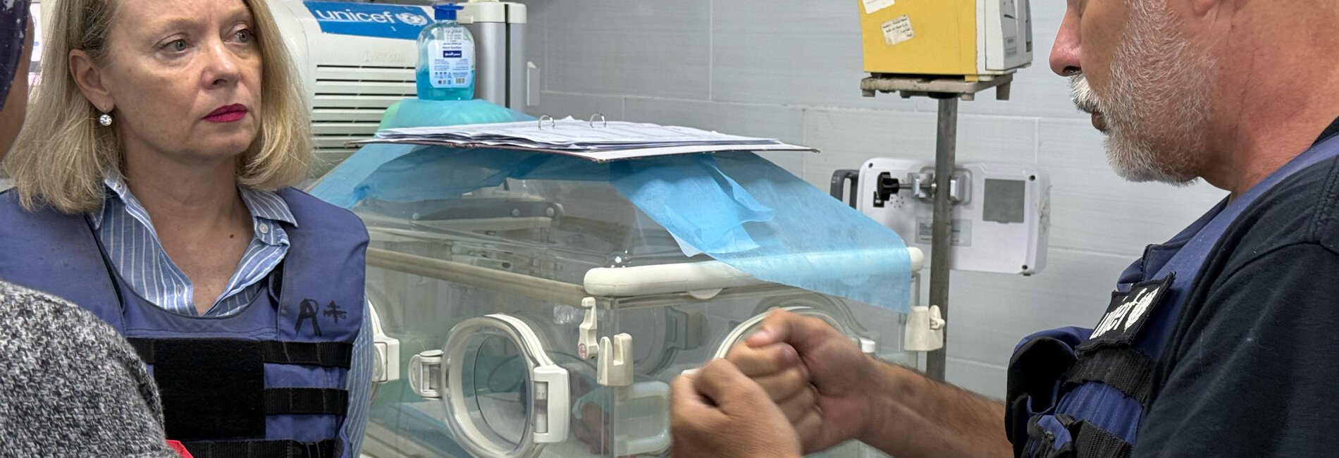 UN officials visit a neonatal unit at Al Helou Hospital in Gaza city, where generators powered by fuel keep life-saving equipment running. These services are at risk of shutting down unless more fuel is allowed into Gaza. Photo by OCHA/Olga Cherevko