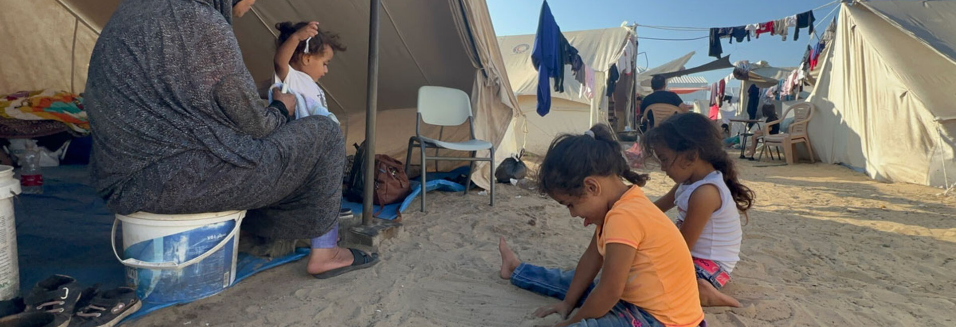 “In Gaza city, it was difficult to secure water and food,“ a displaced Palestinian told OCHA upon arrival to the southern area on 14 November. ”When available, food is very expensive.“ Photo of a displaced family in Khan Younis, southern Gaza Strip. Source: WHO, 1 November 2023