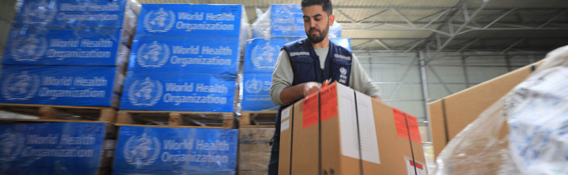 Supplies prepared for delivery in Gaza. On 4 December, Rafah was the only area where limited aid distributions took place. Amid some of the heaviest shelling so far, the Humanitarian Coordinator warned that the conditions required to deliver aid do not exist. Photo by WHO, 2 December 2023 