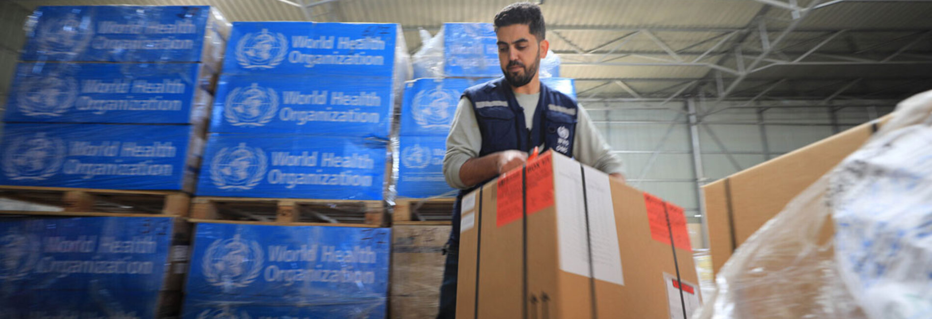 Supplies prepared for delivery in Gaza. On 4 December, Rafah was the only area where limited aid distributions took place. Amid some of the heaviest shelling so far, the Humanitarian Coordinator warned that the conditions required to deliver aid do not exist. Photo by WHO, 2 December 2023 