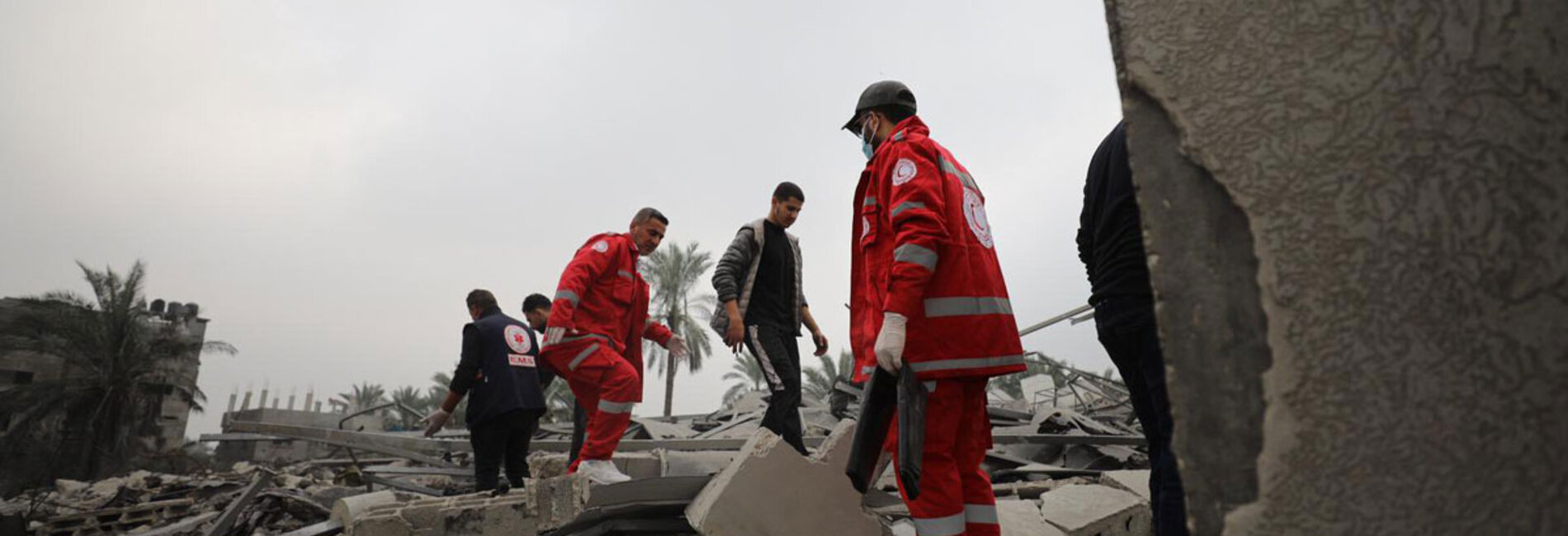 Two months on, the situation in Gaza is becoming apocalyptic. As hostilities expand, people are forced into increasingly confined areas of the south, and meaningful humanitarian efforts become nearly impossible. Photo of rescue teams in Deir al Balah by PRCS, 5 December 2023 