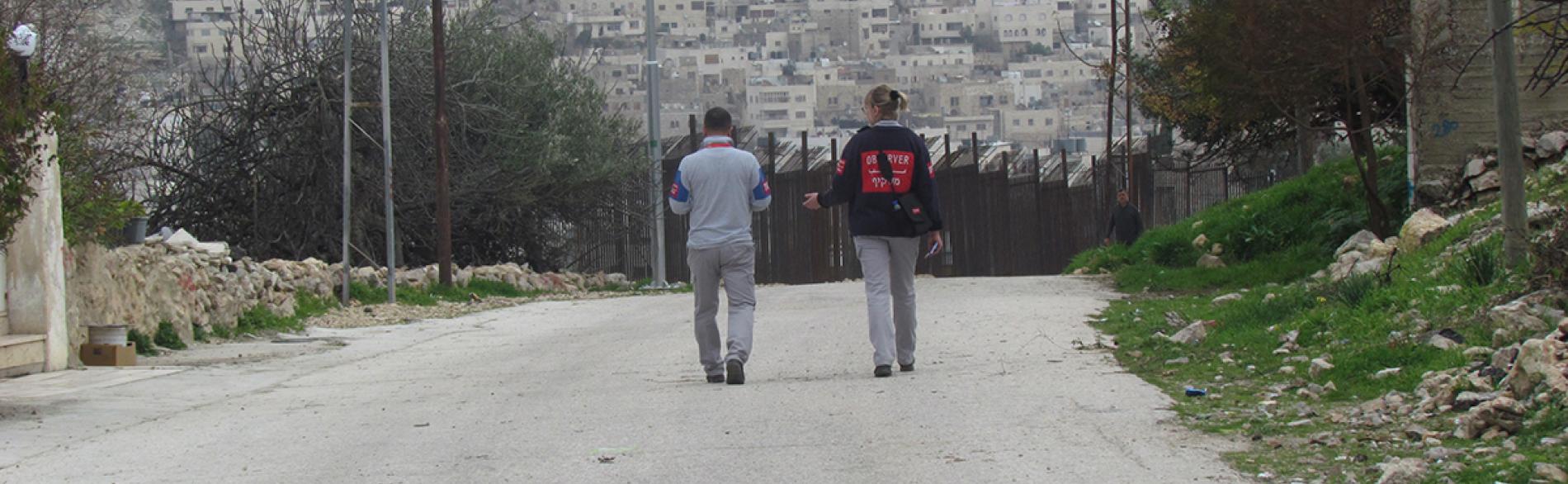 TIPH members patrolling the closed military area of Tel Rumedia, in H2 Hebron, 6 February, 2018. © Photo by OCHA.