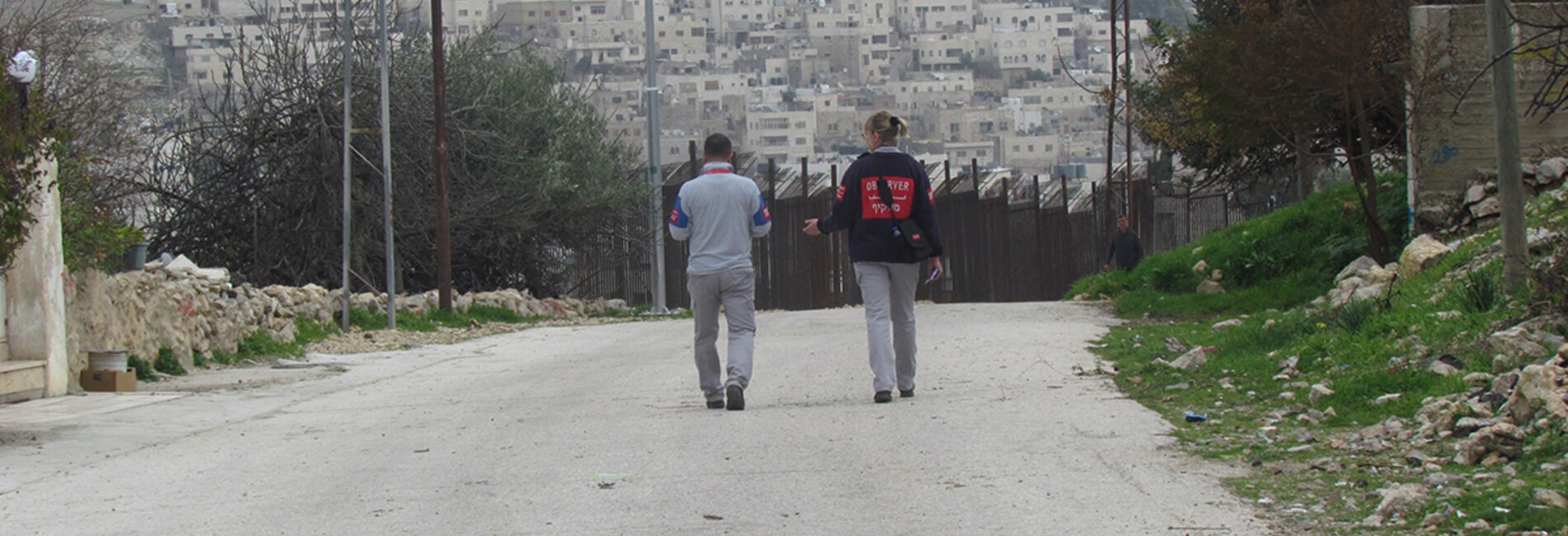 TIPH members patrolling the closed military area of Tel Rumedia, in H2 Hebron, 6 February, 2018. © Photo by OCHA.