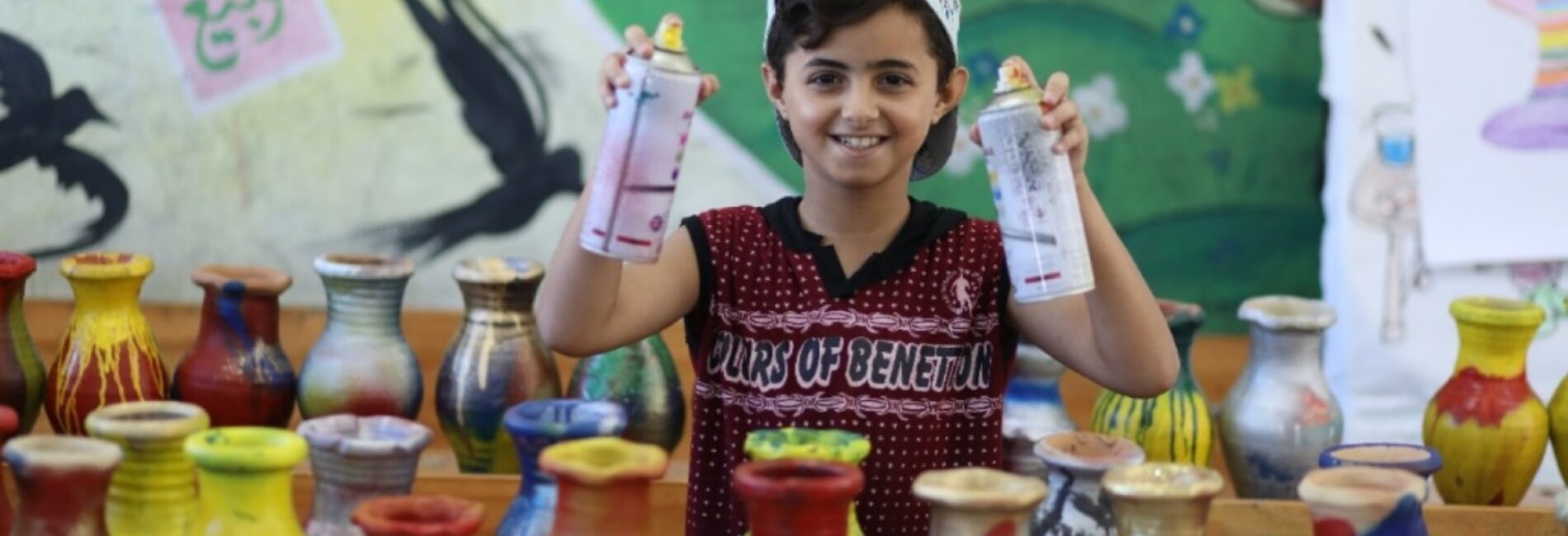 Adam Abu Jalhoum, 10 Years old, participating in an art session as part of the Keeping Kids Active project. © 2019 UNRWA Photo by Ibraheem Abu Oshaiba.