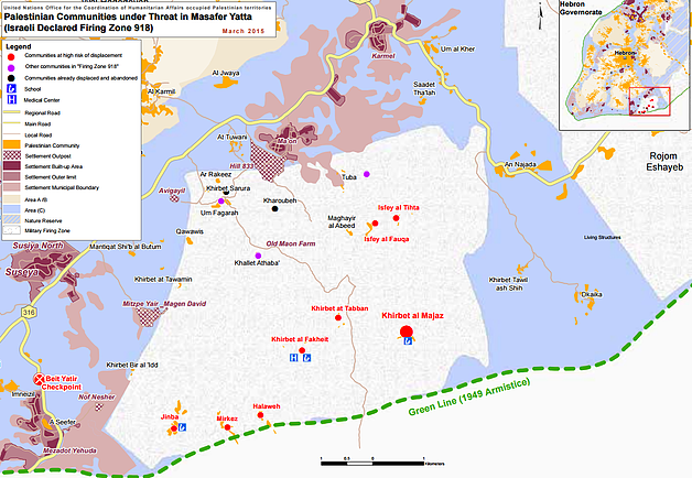 Map: Palestinian communities under threat in Masafer Yatta (Israeli declared Firing Zone 918), March 2015