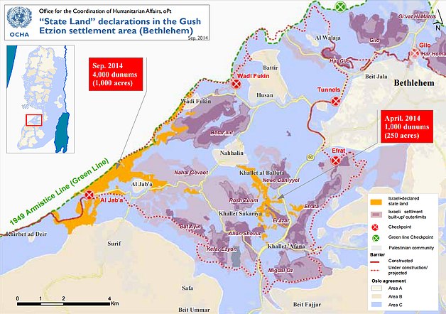 Map: &quot;State land&quot; declarations in the Gush Etzion settlemennt area (Bethlehem)