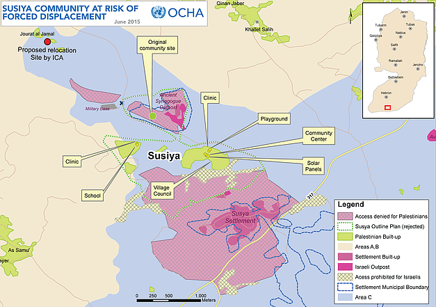 Map: Susiya community at risk of forced displacement, June 2015