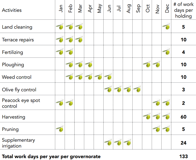 Calendar of major agricultural practices related to olive production