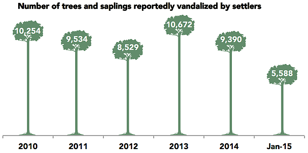 Chart: Number of trees and saplings reportedly vandalized by settlers