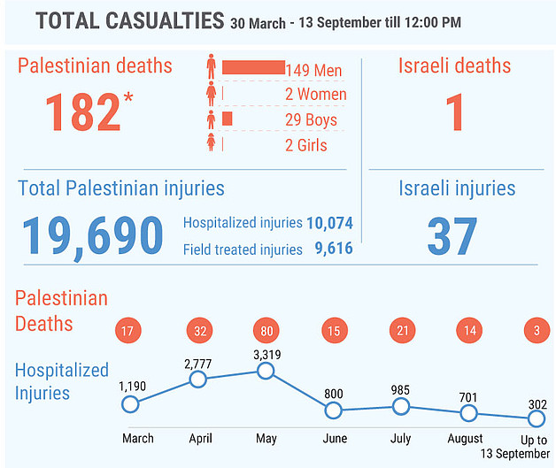 *This figure includes 133 Palestinians killed during the demonstrations and 49 killed in other circumstances; among the latter are eight people whose bodies are reportedly  being withheld by the Israeli authorities. 