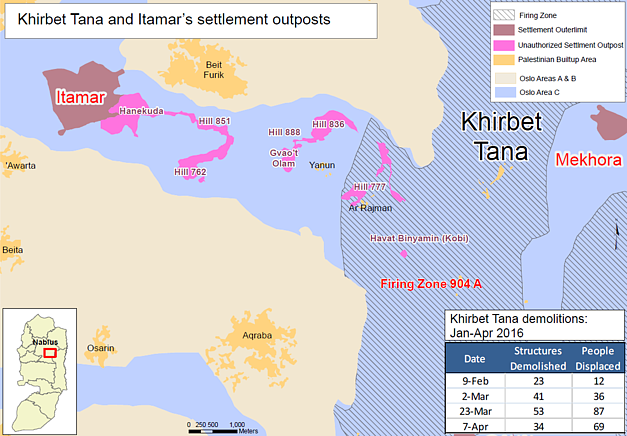 Map: Khirbet Tana and Itamar&#039;s settlement outposts