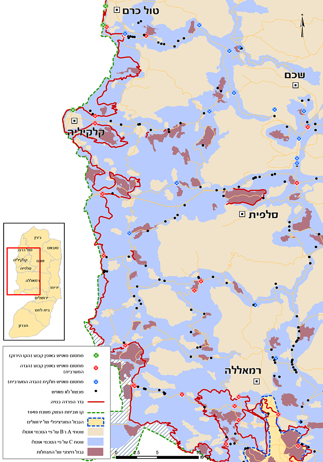 מפה: מכשולים במרכז הגדה המערבית ובצפונה