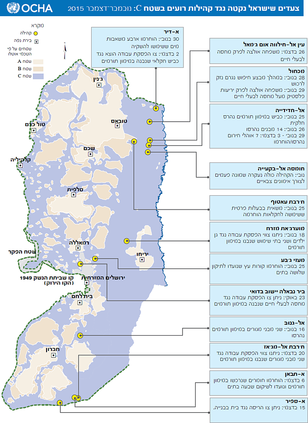 מפה: צעדים שישראל נקטה נגד קהילות רועים בשטח C: נובמבר־דצמבר 2015